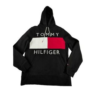 Tommy Hilfiger Quinn Hoodie Mens M Black Embroidered Pullover Logo Fleece Y2K